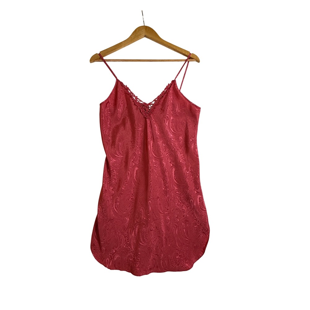 Vintage Inner Most Red Paisley Jacquard Lace Trim Chemise Nightgown Small USA